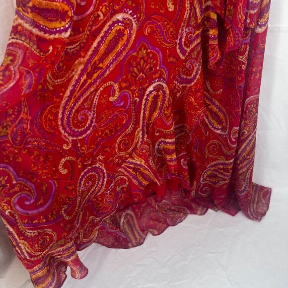 London Times Sleeveless Maxi Dress Bold Red Paisley Print Ruffled Boho Size 10 - Picture 11 of 15